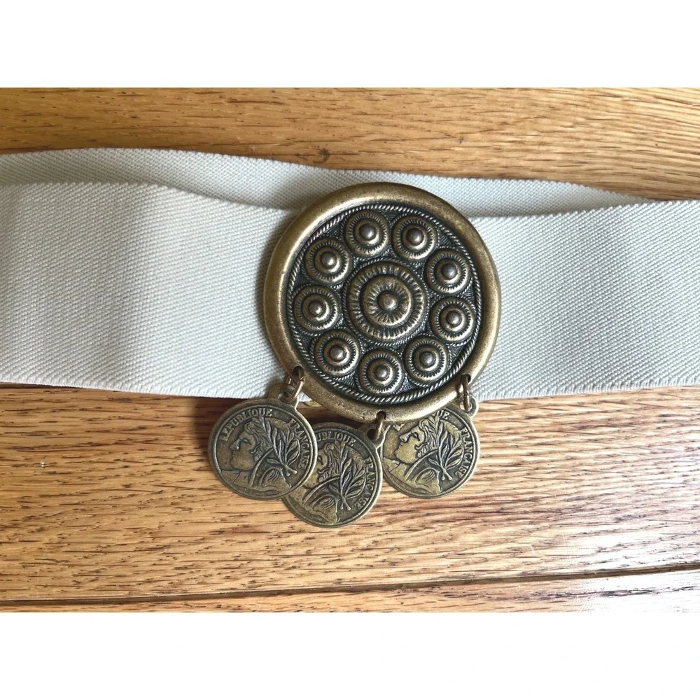 Vintage Made in USA Elastic Cinch Belt Large Off White Brass French Coin Charms
